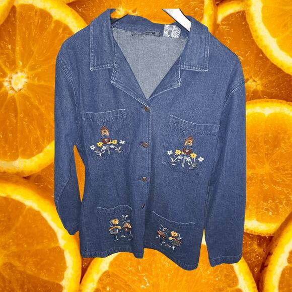 Denim and Co Floral Embroidered with Birdhouse Button Up Shirt Size S - Picture 2 of 6